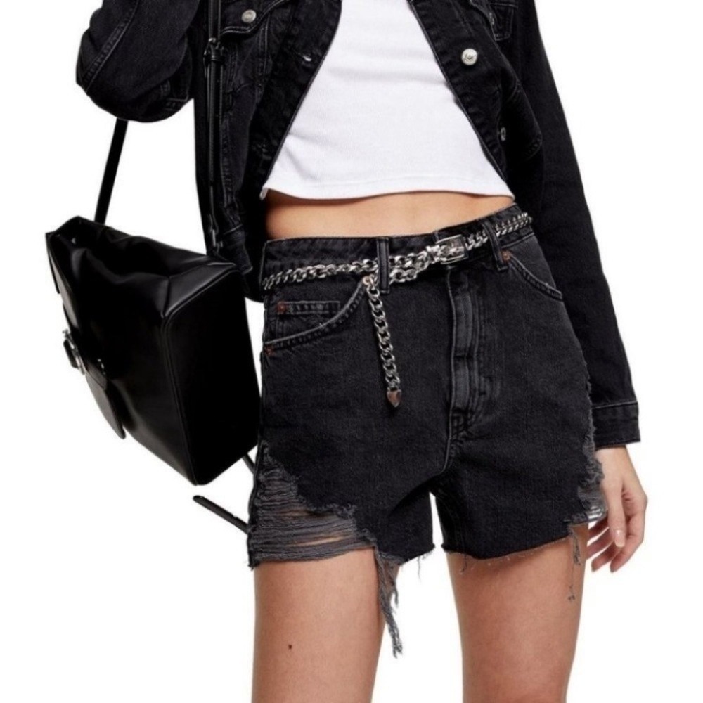 Topshop Moto Mom Jean Shorts Black 6 Distressed Hi Waist Ripped Festive Boho